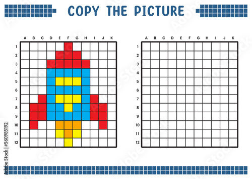 Copy the picture, complete the grid image. Educational worksheets drawing with squares, coloring cell areas. Children's preschool activities. Cartoon vector, pixel art. Space rocket illustration.