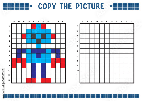 Copy the picture, complete the grid image. Educational worksheets drawing with squares, coloring cell areas. Children's preschool activities. Cartoon vector, pixel art. Humanoid robot illustration.