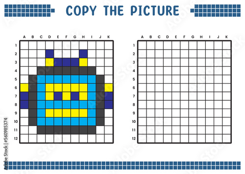 Copy the picture, complete the grid image. Educational worksheets drawing with squares, coloring areas. Children's preschool activities. Cartoon vector, pixel art. Robot face emoticon illustration.