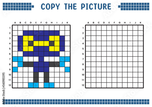 Copy the picture, complete the grid image. Educational worksheets drawing with squares, coloring cell areas. Children's preschool activities. Cartoon vector, pixel art. Advanced robot illustration.