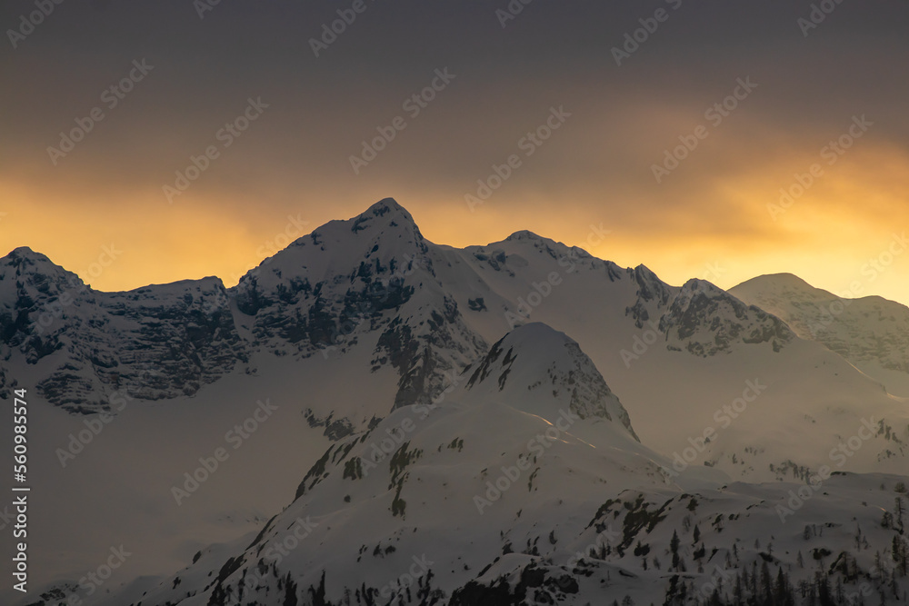 Sunrise in mountains, Bohinj valley, Slovenia	
