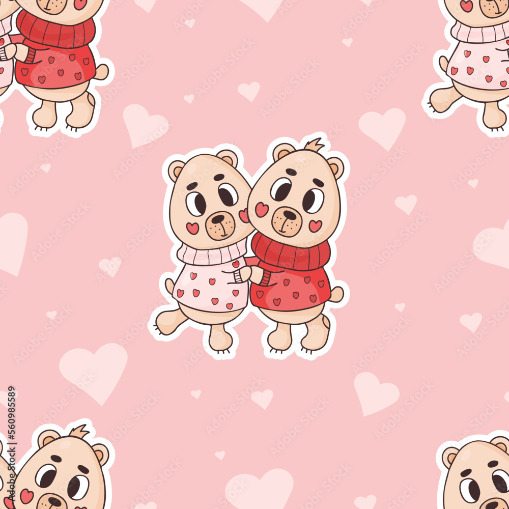 Seamless pattern with cute bears on pink background with hearts. Vector illustration. Endless background for valentines, wallpapers, packaging, print.