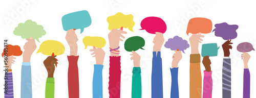 Multiethnic businesspeople hold speech bubbles in hand with raised arms. 