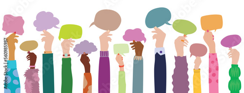 An ethnically diverse group of people holds a speech bubble in their hands. Flat Vector illustration