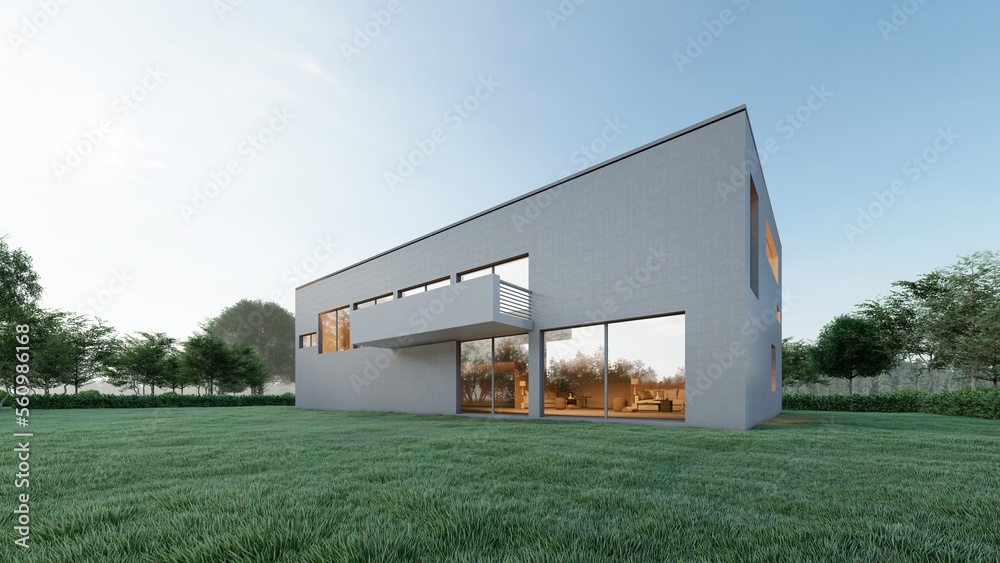 Obraz premium Architecture 3d rendering illustration of modern minimal house with natural landscape