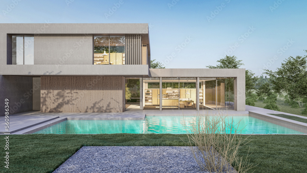 Architecture 3d rendering illustration of modern minimal house with swimming pool