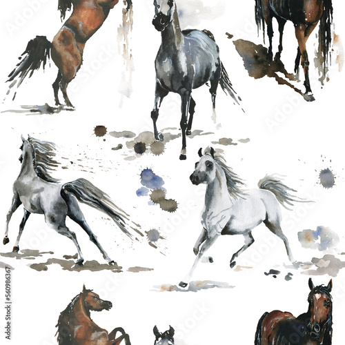 Hand drawn. Watercolor  illustration. Cute cartoon. Seamless pattern. Horses white and dark brown. Mustang wild Arabian.  White background. Pastel color. For cloth  linen and other texture.