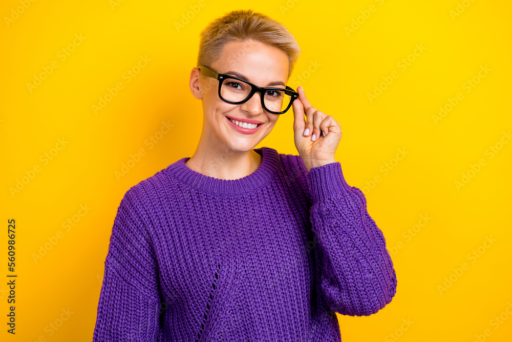 Photo of smart clever gorgeous lady hr recruiter wear trendy accessory recommend visit optics shop isolated on yellow color background