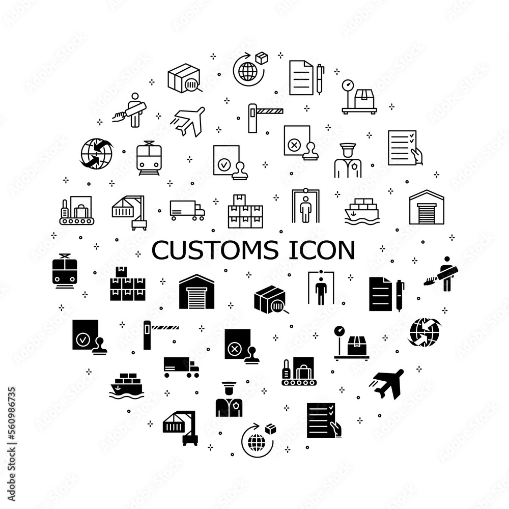 Customs flat line icons set. Contains such Icons as customs officer, declaration, passport control, approve stamp and more. Simple flat vector illustration for web site or mobile app. Customs flat line icons set. Contains such Icons as customs officer, declaration, passport control, approve stamp and more. Simple flat vector illustration for web site or mobile app.