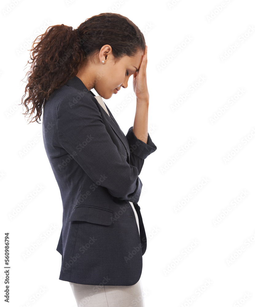 Stress, business woman headache and work stress of a manager with white background. Corporate worker, burnout and vertical mockup of a entrepreneur frustrated about tax audit anxiety fail isolated
