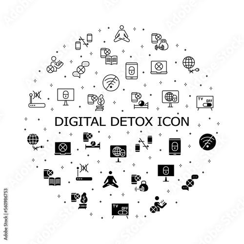 Digital detox flat line icons set. Digital addiction problem. Healthy lifestyle, Going offline, No Phone. Simple flat vector illustration for web site or mobile app.