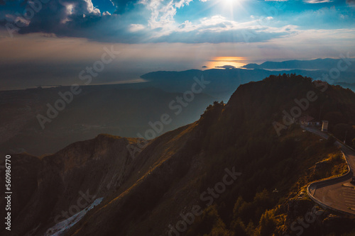 Vista su Bocca di Magra dalle Cave di Marmo di Carrara, al Tramonto, con il Drone photo