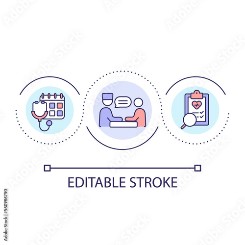 Regular doctor appointment loop concept icon. Medical checkup. Healthcare. Patient and physician abstract idea thin line illustration. Isolated outline drawing. Editable stroke. Arial font used