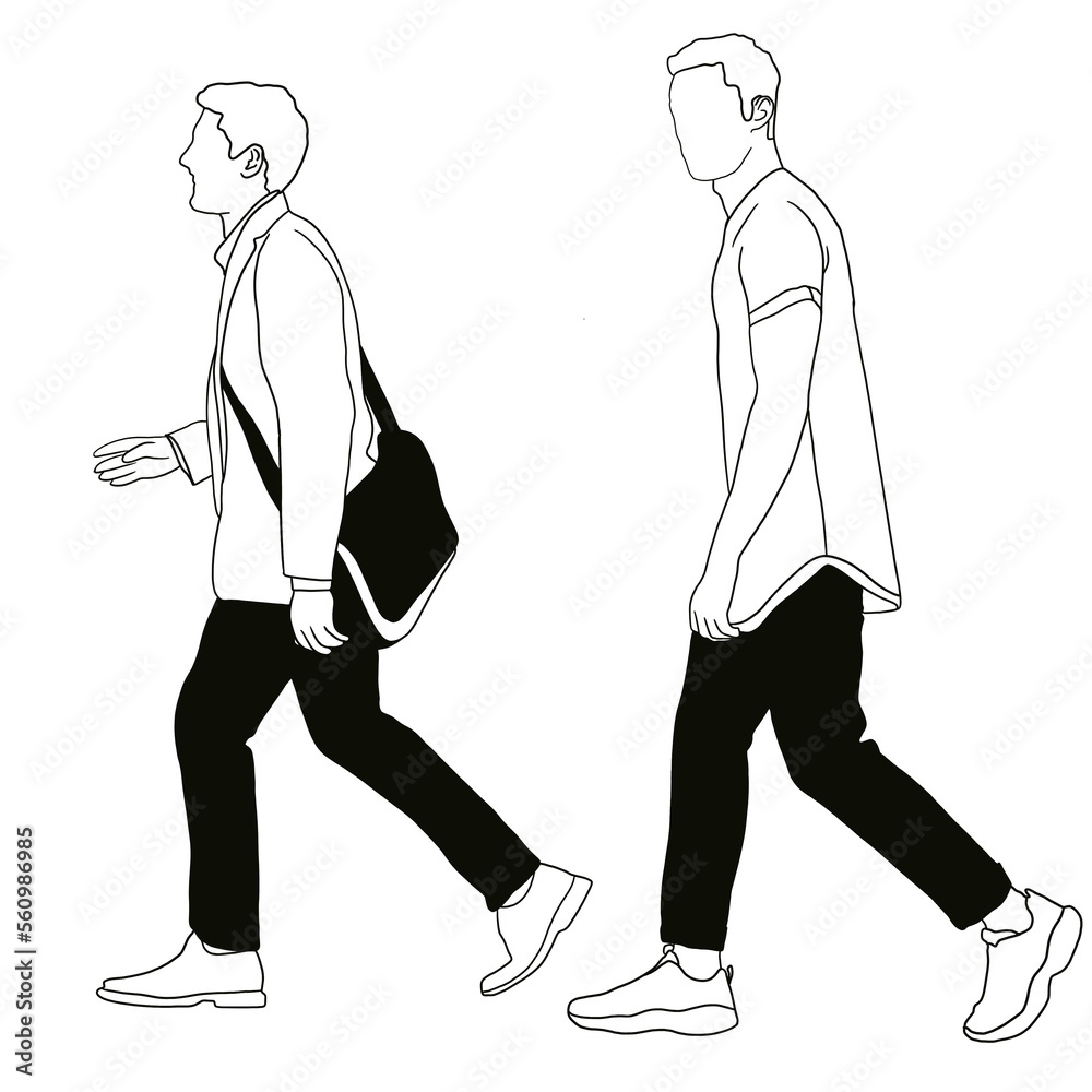 Set of walking people. Hand drawn illustration. Black and white. Set of walking people. Hand drawn illustration. Black and white.