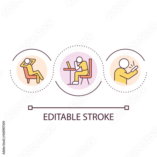Sedentary lifestyle loop concept icon. Work and leisure time. Lazy behavior. Unhealthy life style abstract idea thin line illustration. Isolated outline drawing. Editable stroke. Arial font used