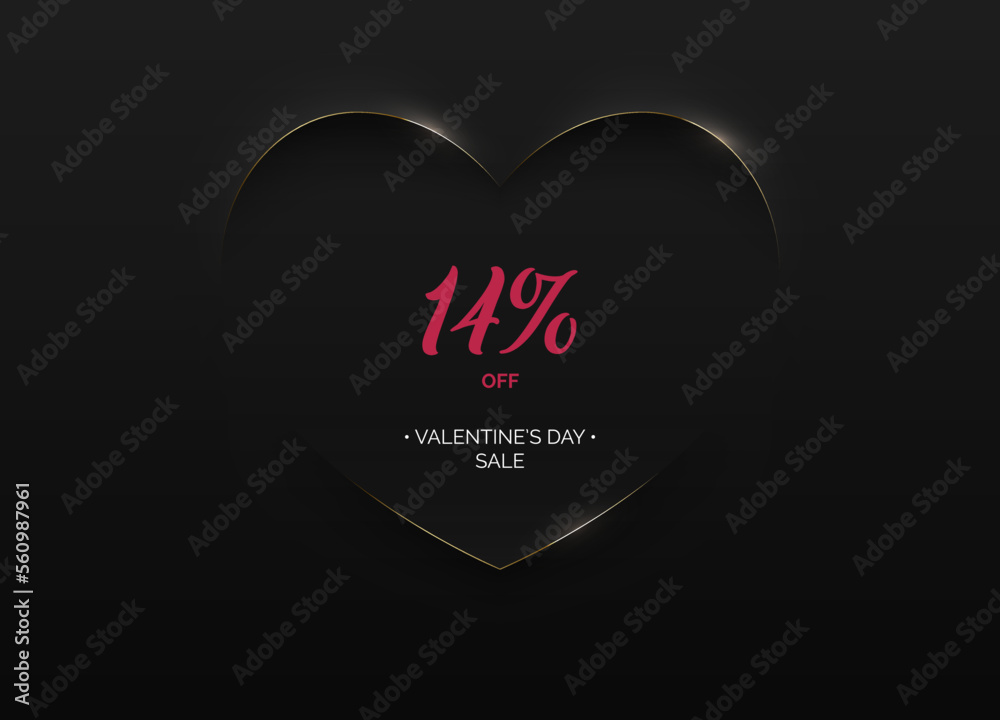 Minimalist black soft 3D heart shape abstract golden edge frame. 14 percent sale pink text. Valentine's day sale vector design illustration. Luxury geometric minimal promo poster, card, banner