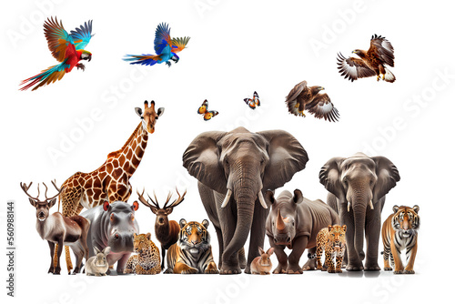 Photo Collection of wild animals, elephant, tiger, deer, rabbit, parrot, eagle, hippo, giraffe, rhino on white background