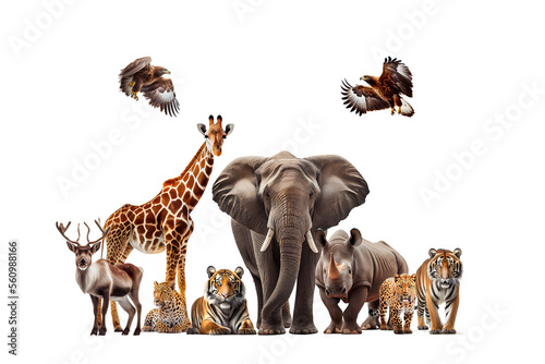 AI generative Collection of wild animals  elephant  tiger  deer  rabbit  parrot  eagle  hippo  giraffe  rhino on white background.