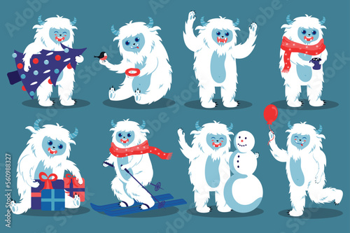 Cute Yeti set icons concept without people scene in the flat cartoon design. Yeti monster is playing winter games and preparing for Christmas. Vector illustration.