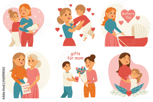 Mother's Day set icons concept with people scene in the flat cartoon design. Children congratulate their mother on Mother's Day. Vector illustration. © Andrey