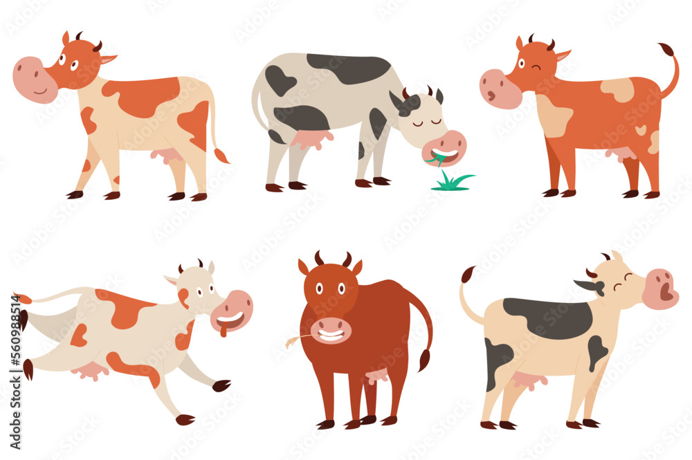 Cartoon cow set icons concept without people scene in the flat cartoon ...