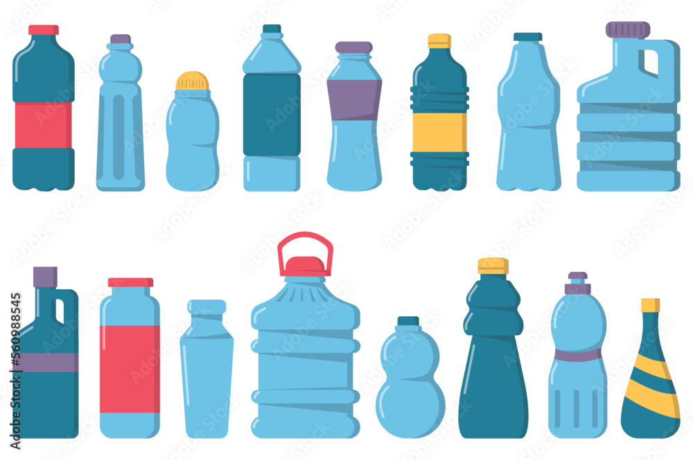 Water bottles set icons concept without people scene in the flat cartoon design. Image of plastic bottles of different shapes. Vector illustration. Water bottles set icons concept without people scene in the flat cartoon design. Image of plastic bottles of different shapes. Vector illustration.