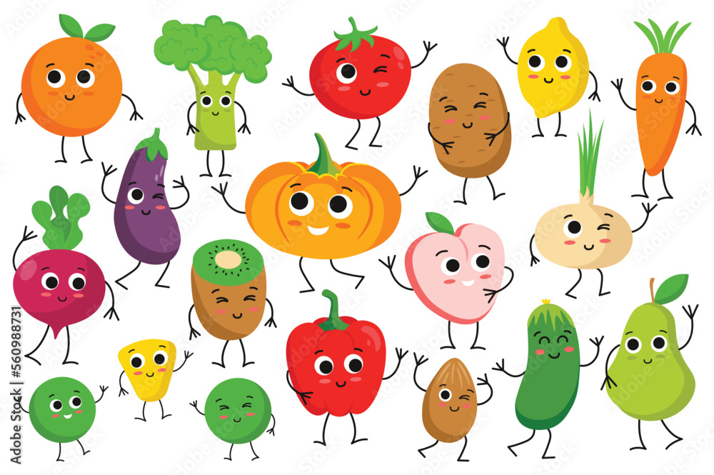 Cute vegan food set icons concept without people scene in the flat cartoon style. Funny pictures of vegetables and fruits that vegans eat. Vector illustration. Cute vegan food set icons concept without people scene in the flat cartoon style. Funny pictures of vegetables and fruits that vegans eat. Vector illustration.