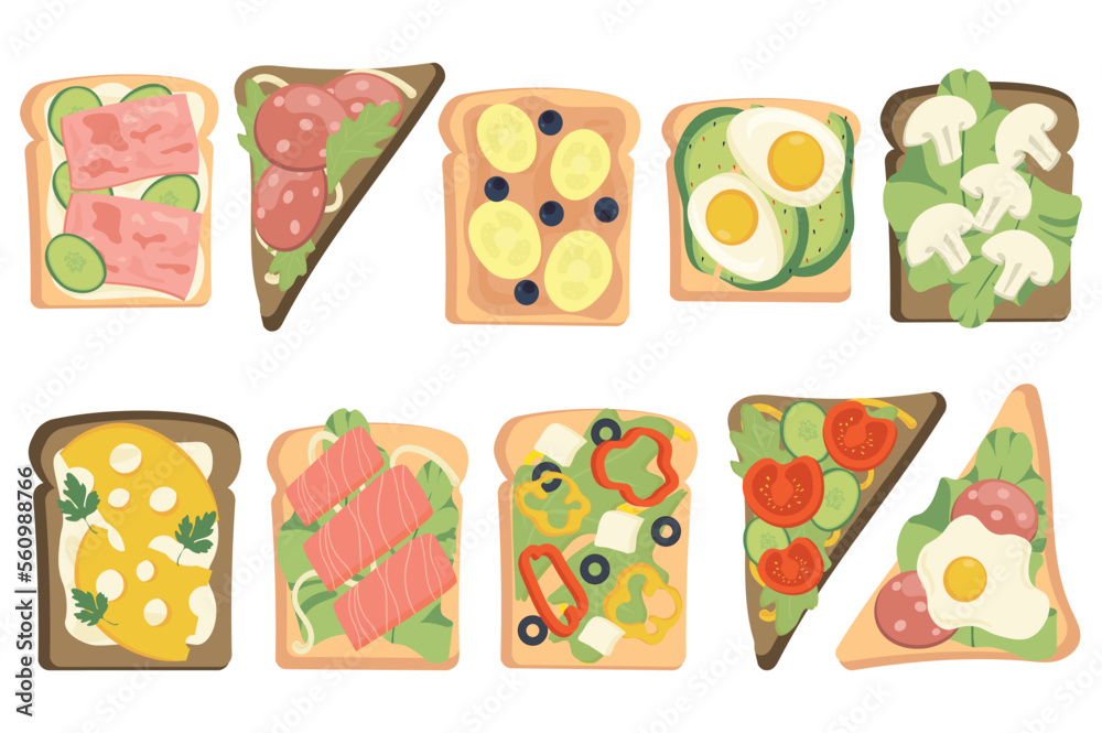 Tasty toasts set icons concept without people scene in the flat cartoon design. Types of delicious toasts with different ingredients. Vector illustration.