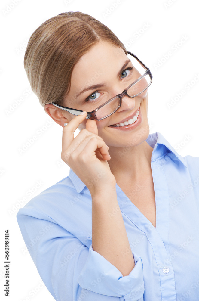 Portrait, business and woman with glasses, smile and vision with female isolated on white studio background. Entrepreneur, lady and employee with spectacles, happiness or confident with clear sight Portrait, business and woman with glasses, smile and vision with female isolated on white studio background. Entrepreneur, lady and employee with spectacles, happiness or confident with clear sight