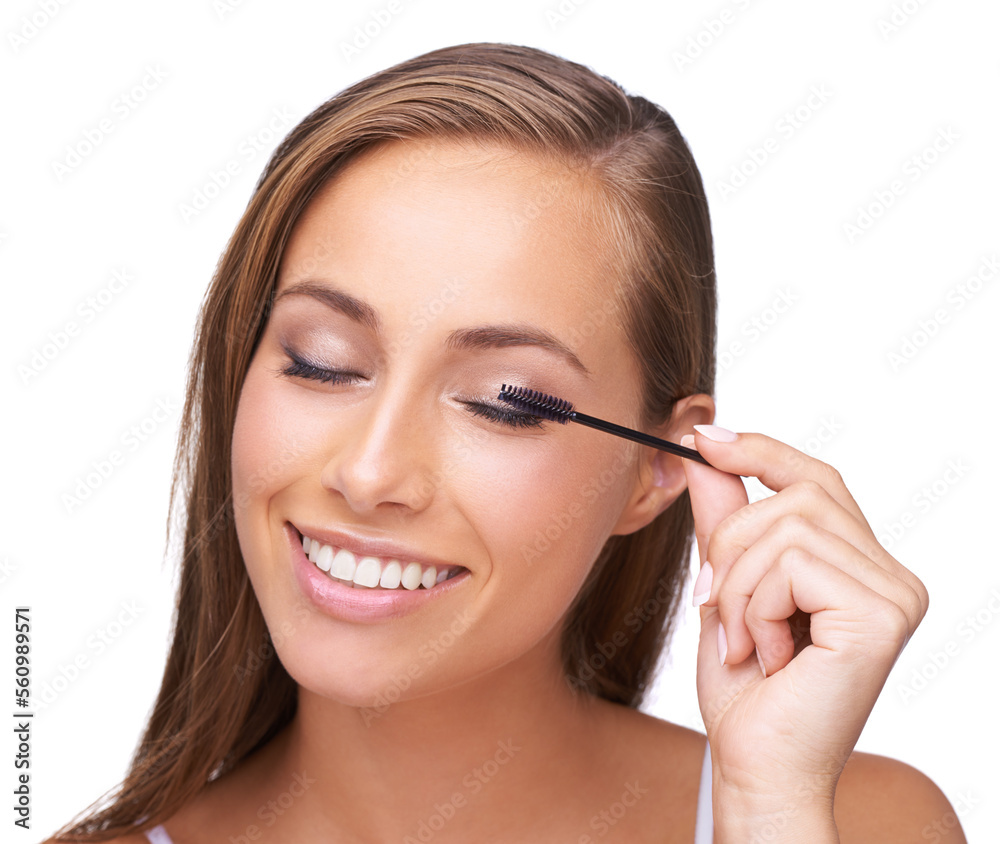 Mascara, lashes and woman with makeup and beauty, microblading with eyelash brush isolated on white background. Portrait, smile and eyes, cosmetic care and cosmetics tools with skincare closeup