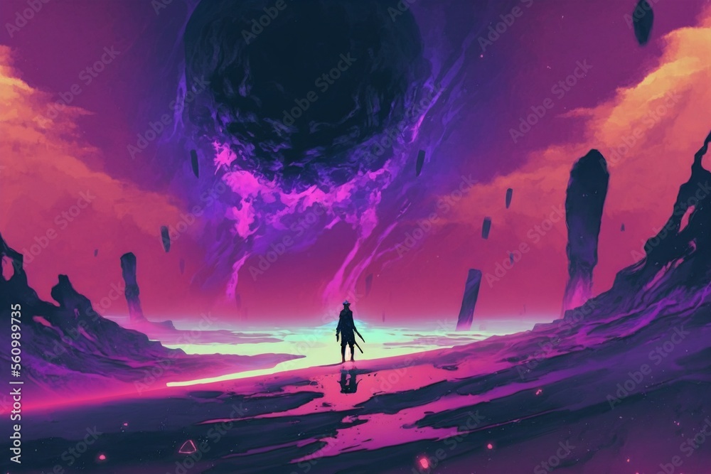 Fototapeta premium A fantasy scene of a man walking in void, digital painting style made with generative AI.