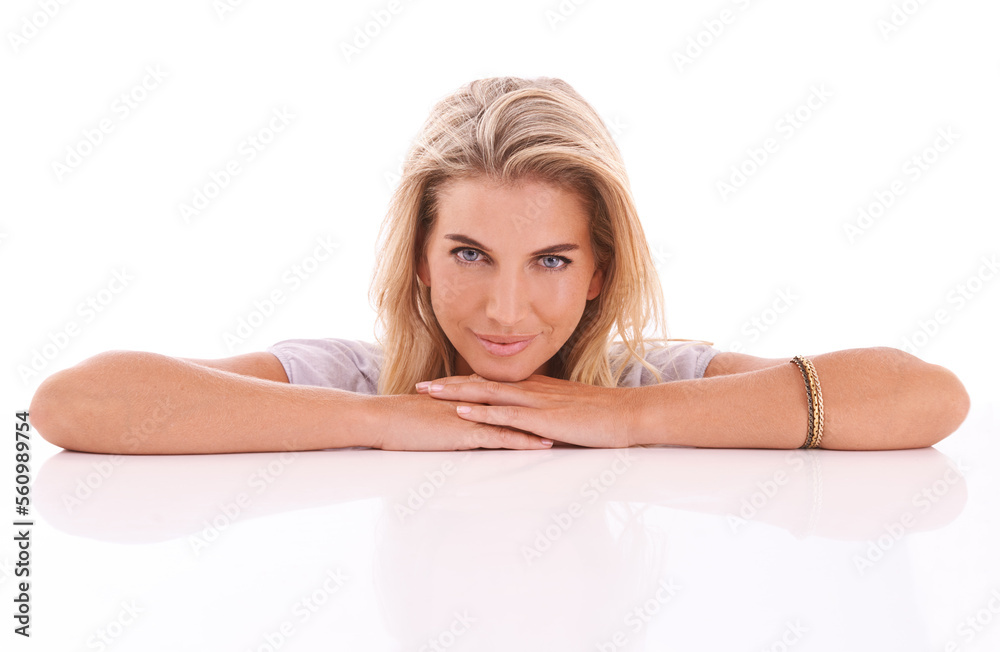 Smile, calm and portrait of a woman with confidence, happiness and relax on a white background. Happy, pride and happy model resting, zen body language and confident isolated on a studio background