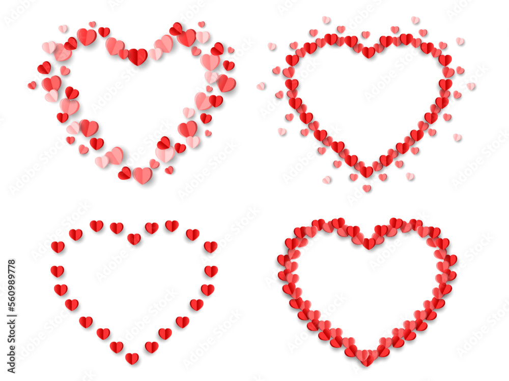 Set of Valentine day heart frames .Heart shape confetti . frames with a hearts.Paper hearts decoration.Collection heart frames space for text.