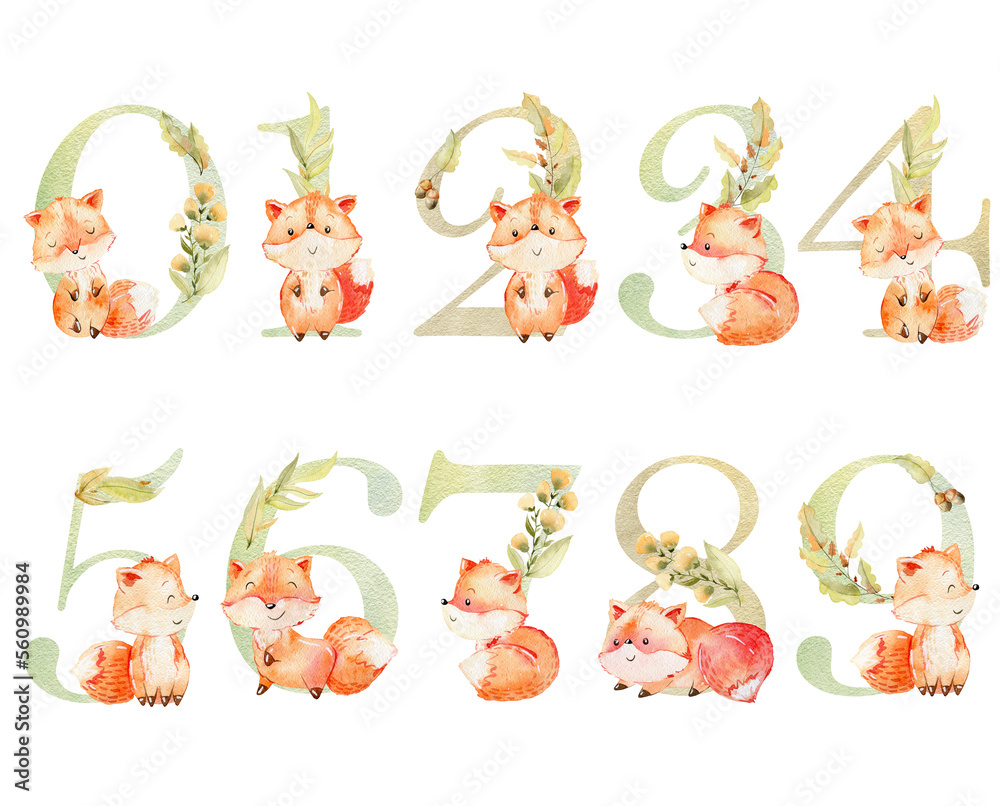 Watercolor animals numbers for invitation card, nursery poster and other.