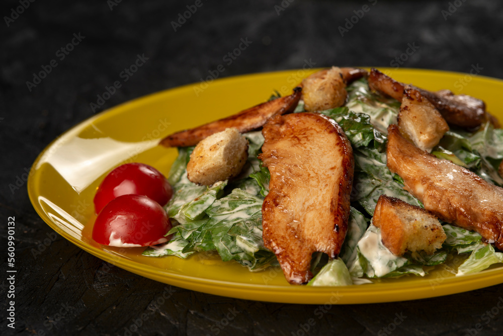 Grilled chicken breast with vegetables and herbs . Caesar salad