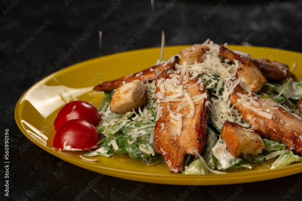 Grilled chicken breast with vegetables and herbs . Caesar salad Grilled chicken breast with vegetables and herbs . Caesar salad