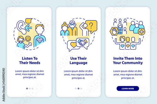 Support LGBTQ seniors onboarding mobile app screen. Community walkthrough 3 steps editable graphic instructions with linear concepts. UI, UX, GUI template. Myriad Pro-Bold, Regular fonts used