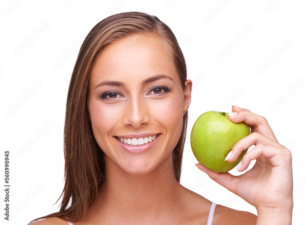 Apple, wellness and portrait of woman on a white background for healthy lifestyle, cosmetics and wellbeing. Diet, digestion and face of girl with fruit for organic products, vitamins and nutrition