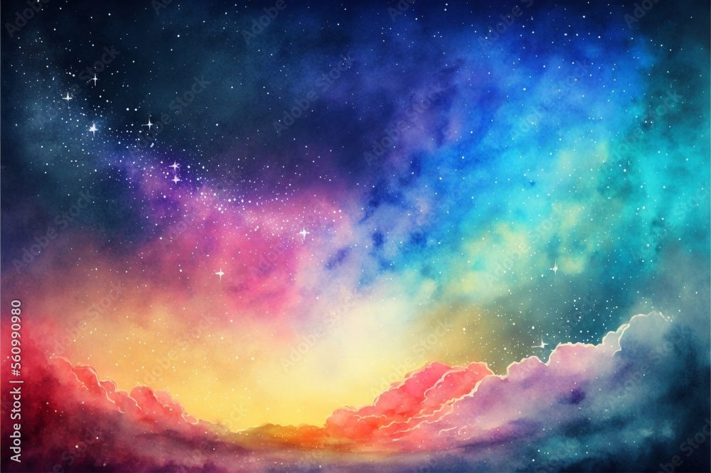 Fototapeta premium A vibrant watercolor illustration of a starry sky with colorful clouds in the night sky, shining stars, background texture watercolor style, generative ai
