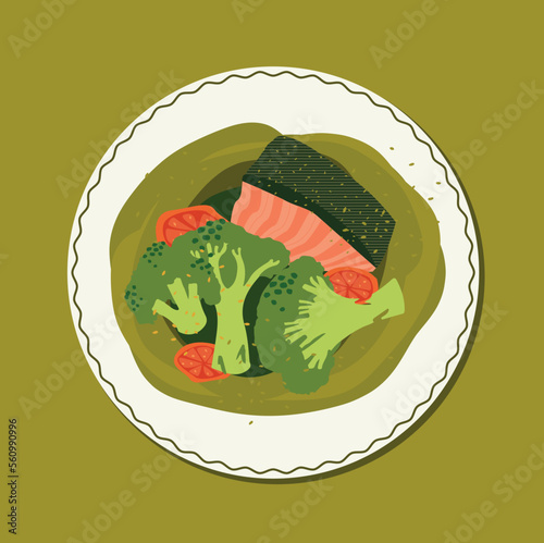 illustration of grilled salmon fish on green sauce with broccoli and vegetables