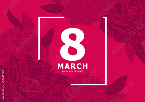Colorful postcard for March 8 - International Women's Day. Amazing blooming red peonies on a red background. Lush buds of peonies.