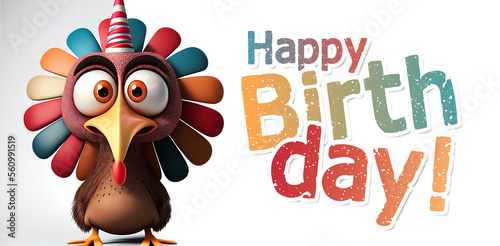Cute birthday card/greeting/invitation, colorful illustration of turkey on white background, generative ai, digital art