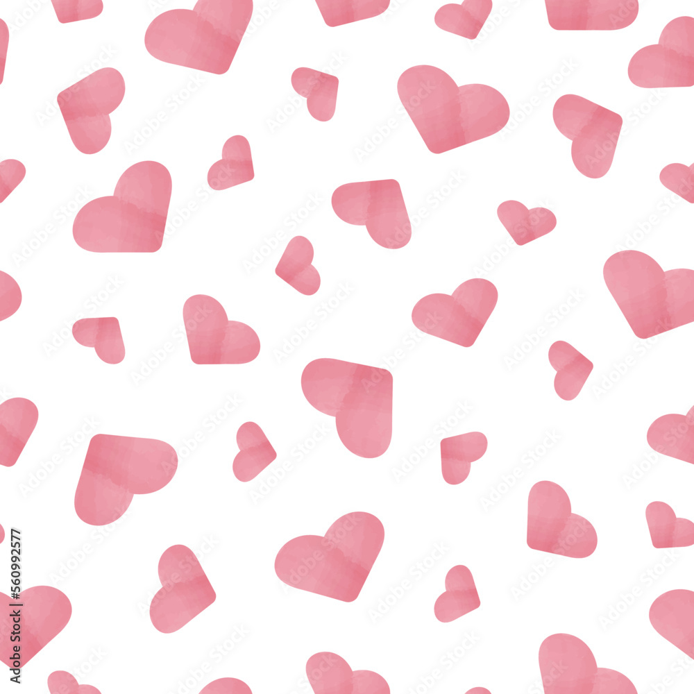 Seamless pattern of watercolor pink hearts on a white background