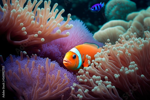 Coral reef in South Pacific off the coast of the island. Colorful Clownfish hiding in their host anemone on a tropical coral reef. generative ai
