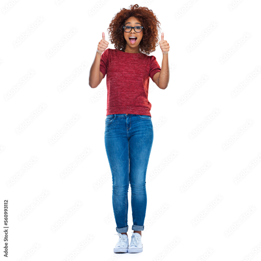 Portrait, black woman and student with thumbs up, smile and girl isolated on white studio background. Nigerian female, lady and gesture for success, like and happiness with good news and positive Portrait, black woman and student with thumbs up, smile and girl isolated on white studio background. Nigerian female, lady and gesture for success, like and happiness with good news and positive