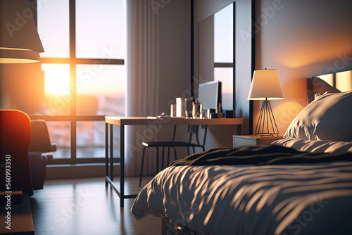 Hotel room with sunset light from window. Travel and vacation concept. Generative AI