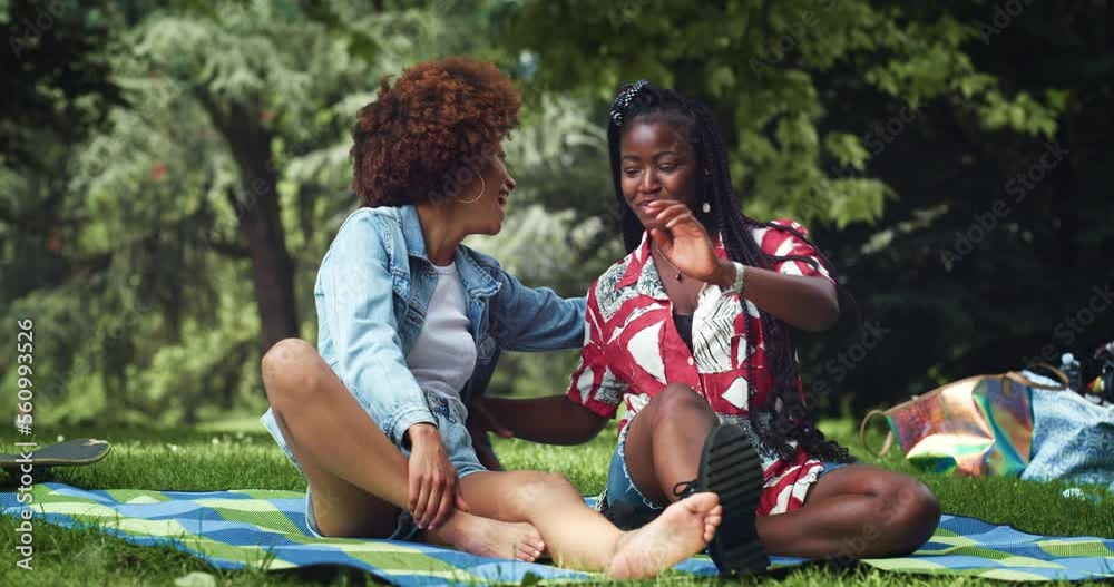 Portrait of Two Young Black Women that Laugh and Hug While Sitting on a Park Lawn. Female Friends Having a Picnic and Enjoying the Sun on a Summer Day. They are Supporting and Congratulating Eachother Portrait of Two Young Black Women that Laugh and Hug While Sitting on a Park Lawn. Female Friends Having a Picnic and Enjoying the Sun on a Summer Day. They are Supporting and Congratulating Eachother
