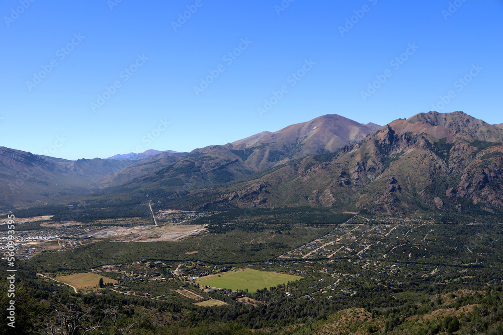 Panoramic view of the city of San Carlos de Bariloche. Río Negro, Argentina. Patagonia. Touristic city. Mountains and houses. 