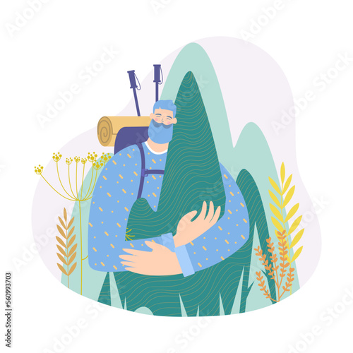 Happy man smiling and hugging mountain during his hike to the peak. Concept of leisure time spent doing active sports hiking climbing. Concept of good memories on vacation