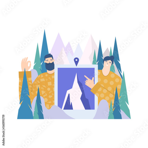 Happy man and woman smiling and holding the picture of the mountain, woman points to the mountain pick with location sign. Concept of sharing an achievements done together. Good memories of free time 